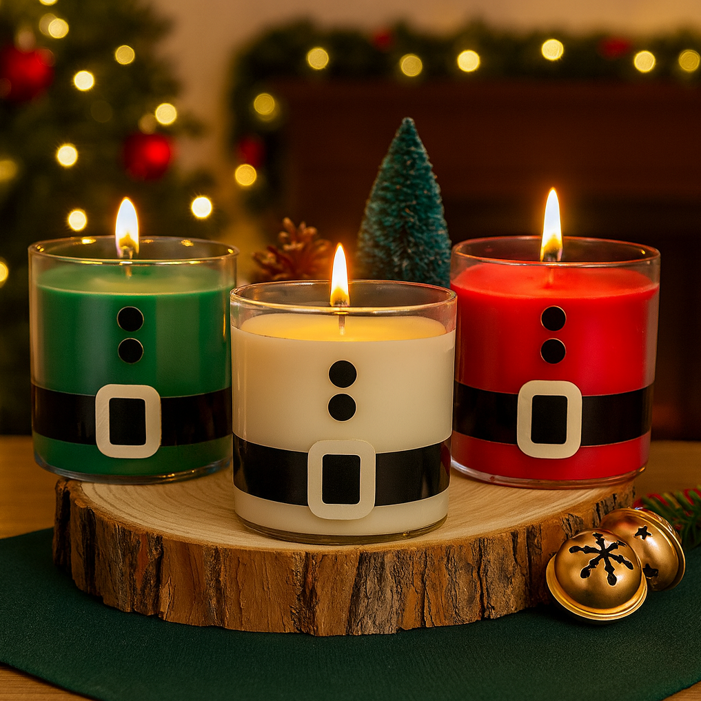 3 candelas en frasco de 5 onz con decoración de traje de santa