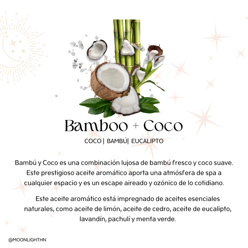 descripcion del aroma bamboo mas coco con una imagen de un coco y un bamboo