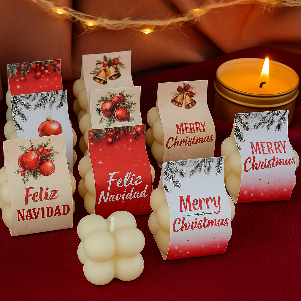 6 velas tipo mini bubble con decoración navideña