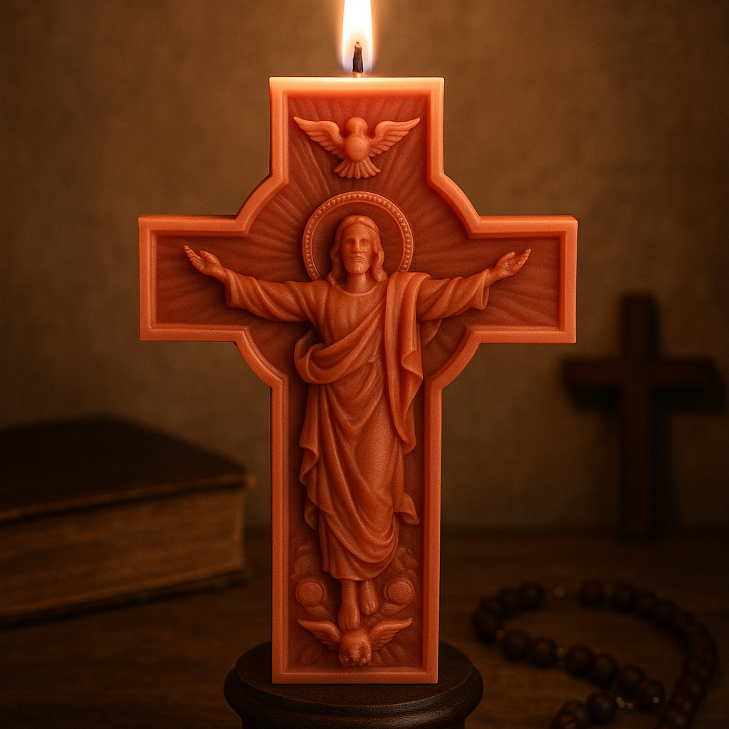 vela encendida tipo cruz con relieve de jesus