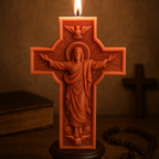 vela encendida tipo cruz con relieve de jesus